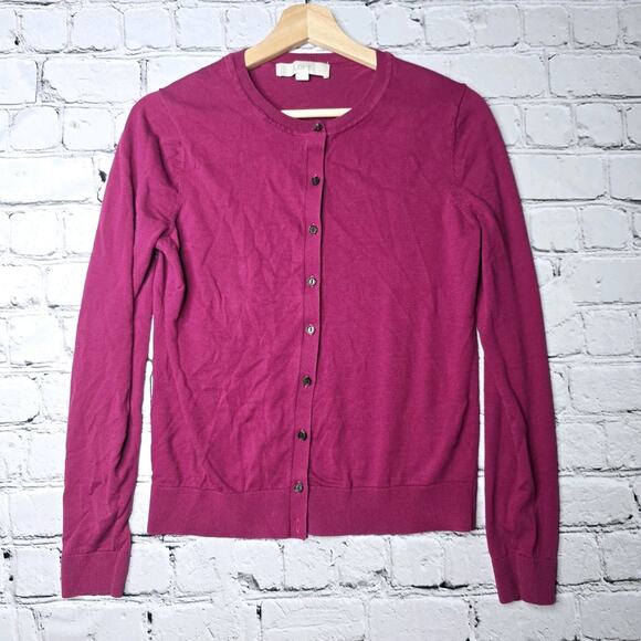 Loft Magenta Purple 100% Cotton Small Button Crew Neck Cardigan Sweater Size Med - Picture 1 of 11